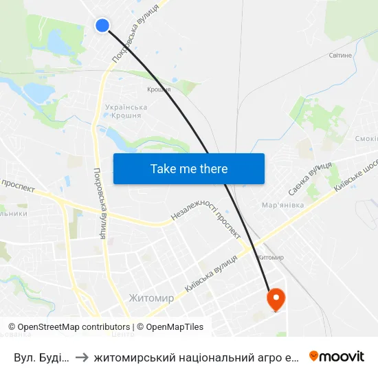 Вул. Будівельна to житомирський національний агро екологічний університет map