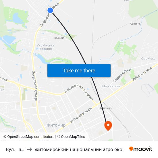 Вул. Піщана to житомирський національний агро екологічний університет map