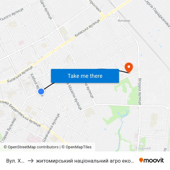 Вул. Хлібна to житомирський національний агро екологічний університет map