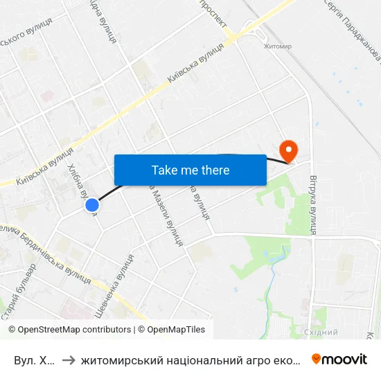 Вул. Хлібна to житомирський національний агро екологічний університет map