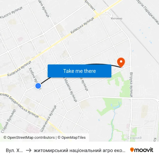 Вул. Хлібна to житомирський національний агро екологічний університет map