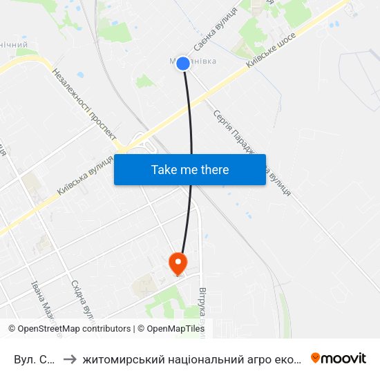 Вул. Саєнка to житомирський національний агро екологічний університет map