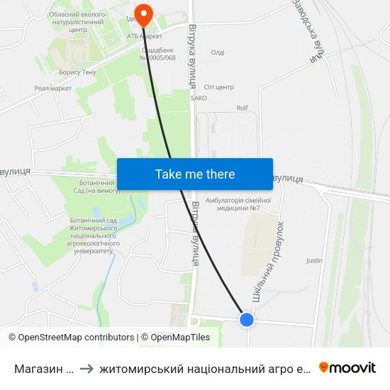 Магазин Берізка to житомирський національний агро екологічний університет map