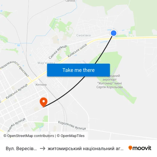 Вул. Вересівський Шлях to житомирський національний агро екологічний університет map