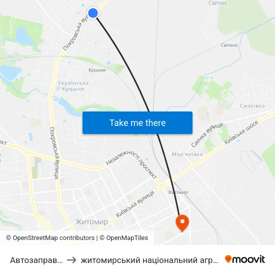 Автозаправна Станція to житомирський національний агро екологічний університет map