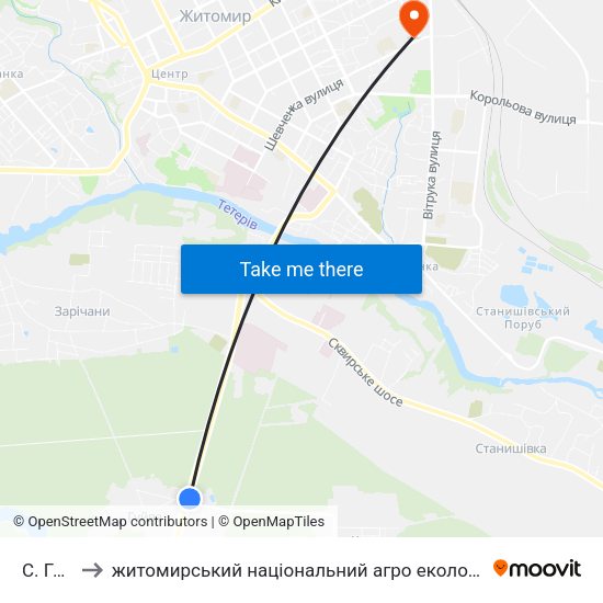 С. Гуйва to житомирський національний агро екологічний університет map