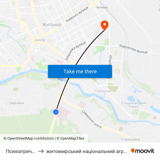Психіатрична Лікарня to житомирський національний агро екологічний університет map