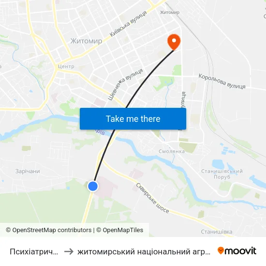 Психіатрична Лікарня to житомирський національний агро екологічний університет map