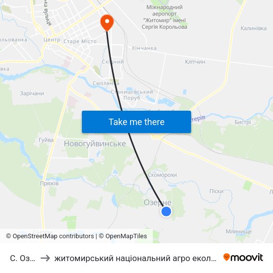 С. Озерне to житомирський національний агро екологічний університет map