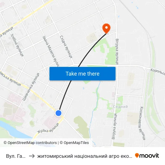 Вул. Гагаріна to житомирський національний агро екологічний університет map