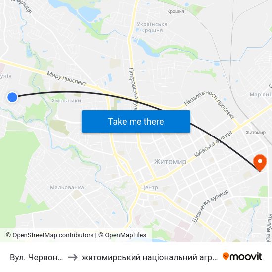 Вул. Червоноармійська to житомирський національний агро екологічний університет map
