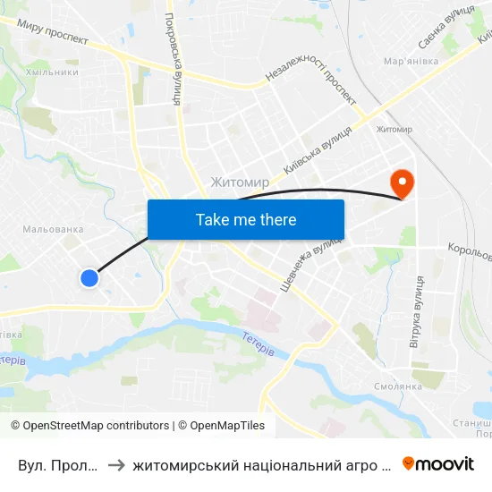 Вул. Пролетарська to житомирський національний агро екологічний університет map