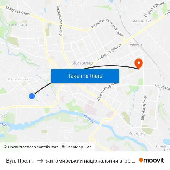 Вул. Пролетарська to житомирський національний агро екологічний університет map