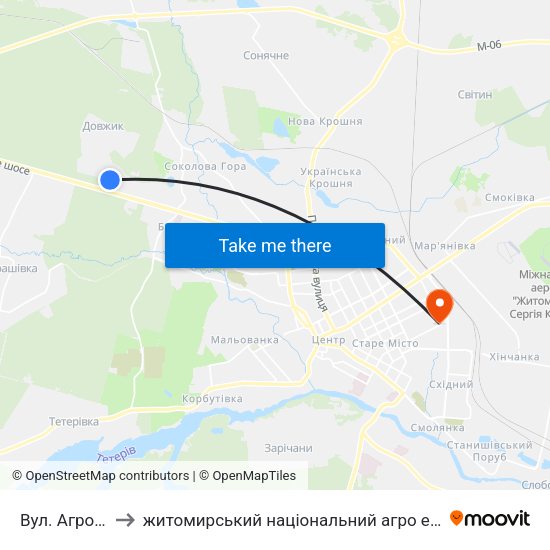 Вул. Агрономічна to житомирський національний агро екологічний університет map