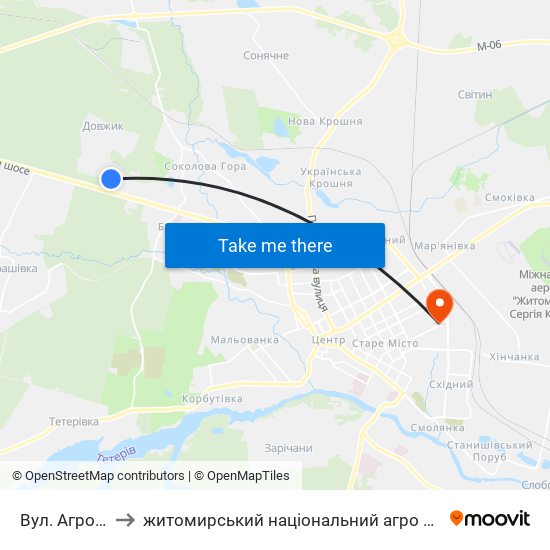 Вул. Агрономічна to житомирський національний агро екологічний університет map