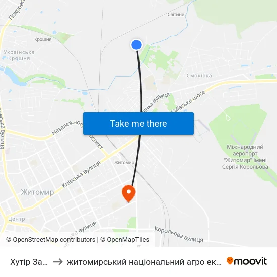 Хутір Затишшя to житомирський національний агро екологічний університет map