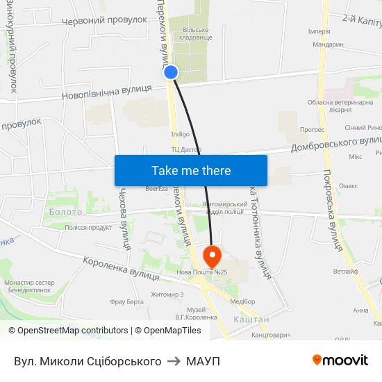 Вул. Миколи Сціборського to МАУП map