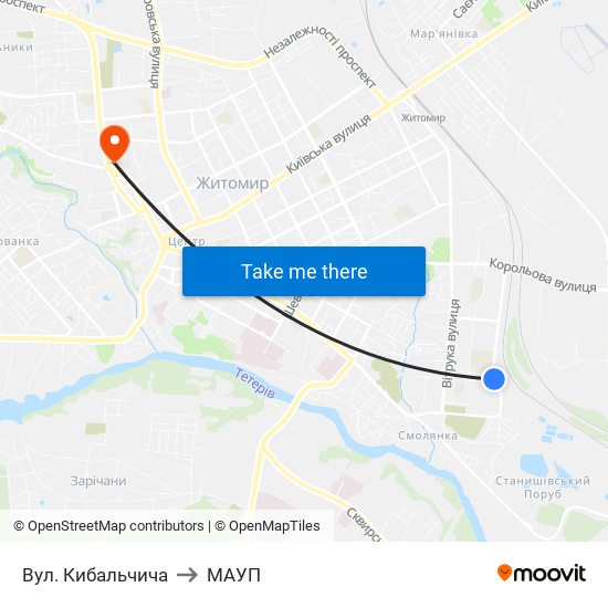 Вул. Кибальчича to МАУП map