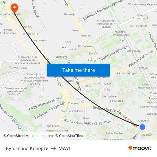 Вул. Івана Кочерги to МАУП map