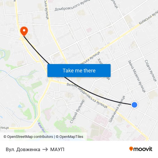 Вул. Довженка to МАУП map