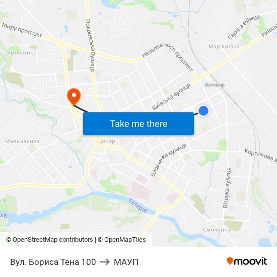 Вул. Бориса Тена 100 to МАУП map