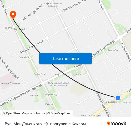 Вул. Мануїльського to прогулки с Кексом map