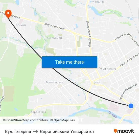 Вул. Гагаріна to Європейський Університет map