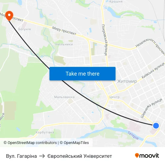 Вул. Гагаріна to Європейський Університет map