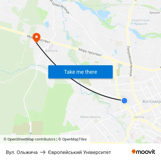 Вул. Ольжича to Європейський Університет map