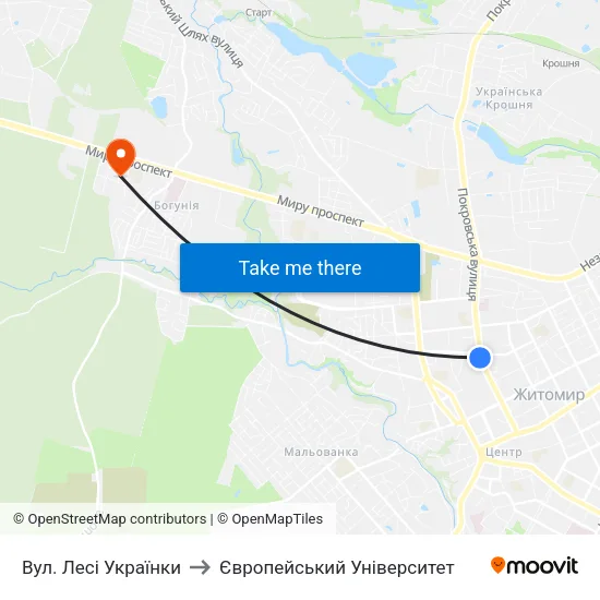 Вул. Лесі Українки to Європейський Університет map