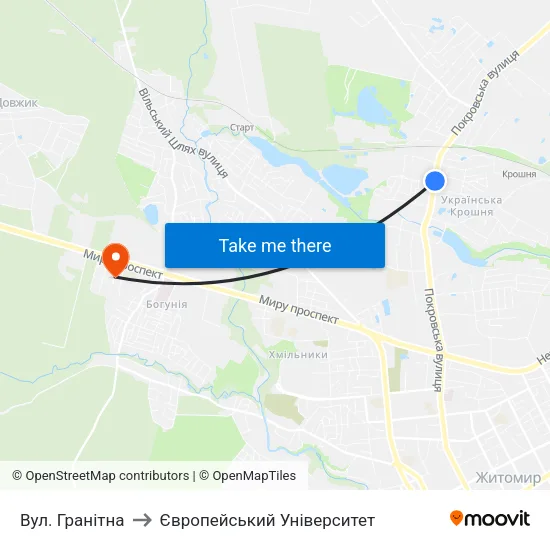 Вул. Гранітна to Європейський Університет map