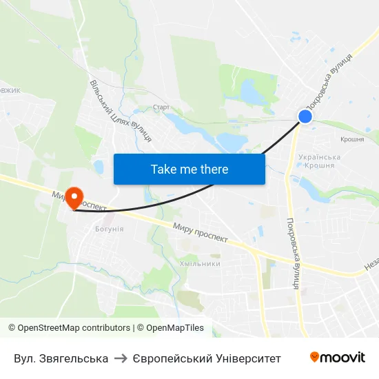 Вул. Звягельська to Європейський Університет map