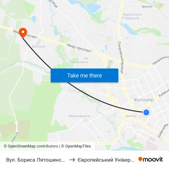 Вул. Бориса Лятошинського to Європейський Університет map