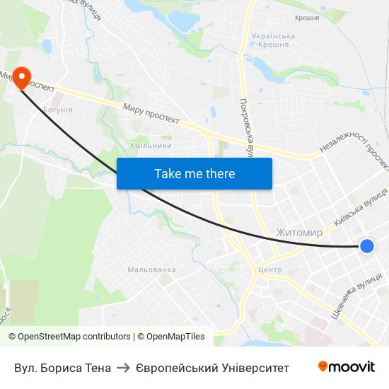 Вул. Бориса Тена to Європейський Університет map