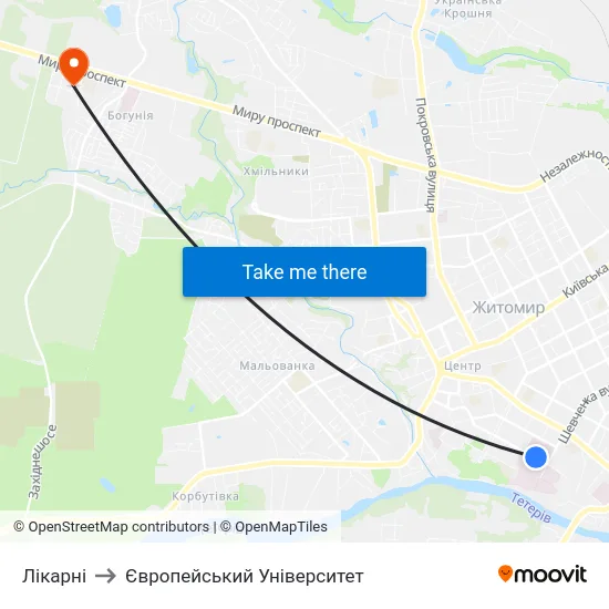 Лікарні to Європейський Університет map