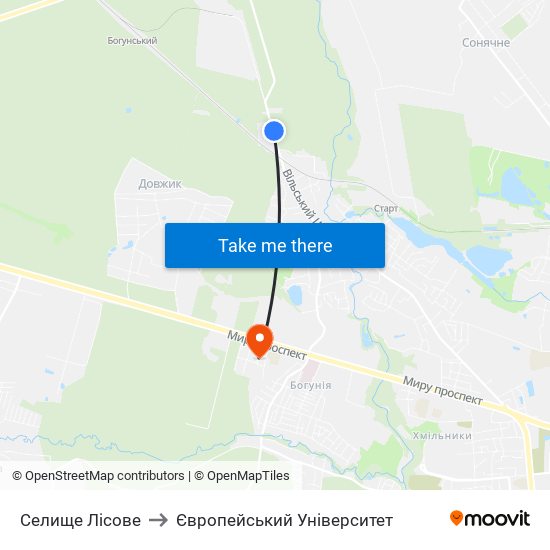 Селище Лісове to Європейський Університет map