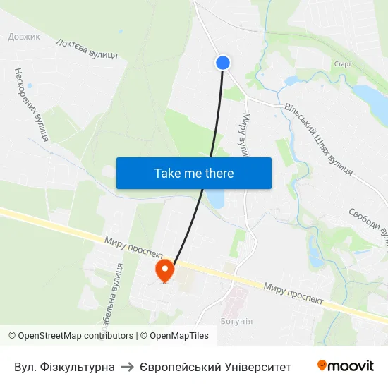Вул. Фізкультурна to Європейський Університет map