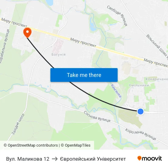 Вул. Маликова 12 to Європейський Університет map