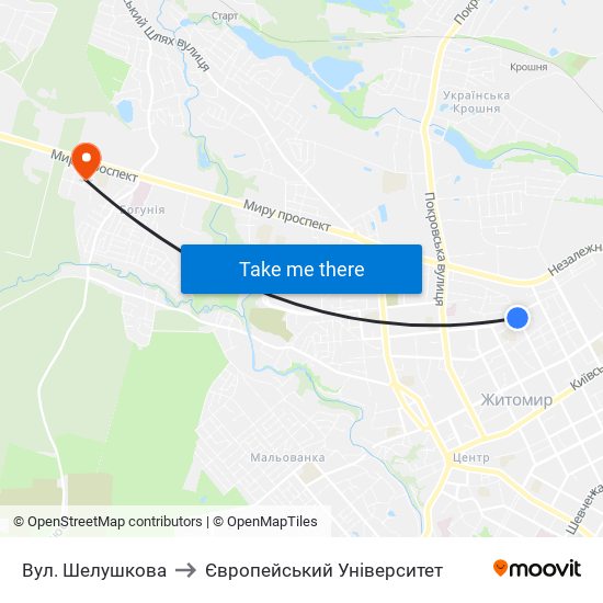 Вул. Шелушкова to Європейський Університет map