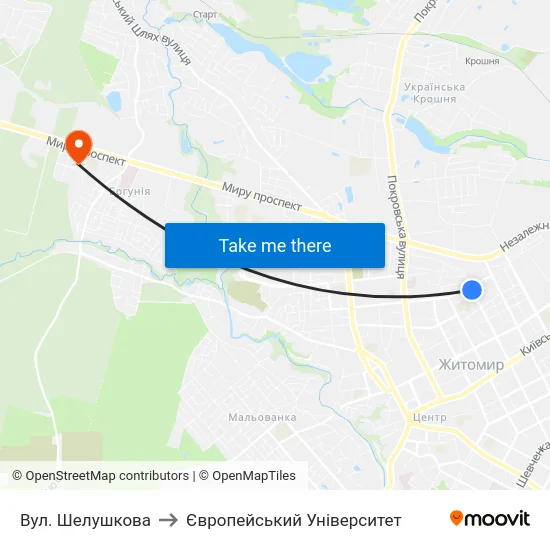 Вул. Шелушкова to Європейський Університет map