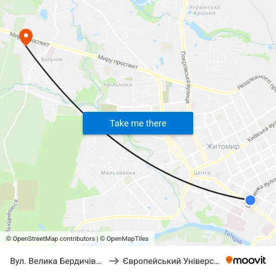 Вул. Велика Бердичівська to Європейський Університет map