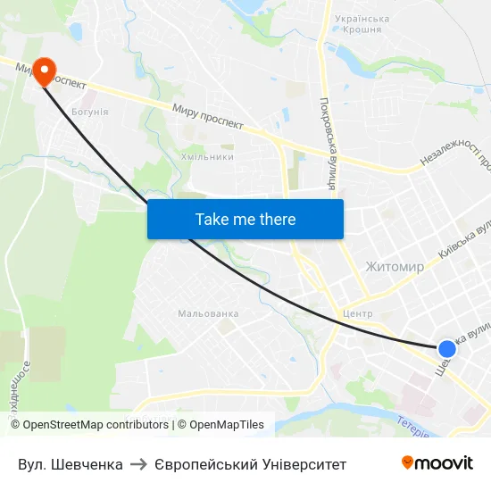 Вул. Шевченка to Європейський Університет map
