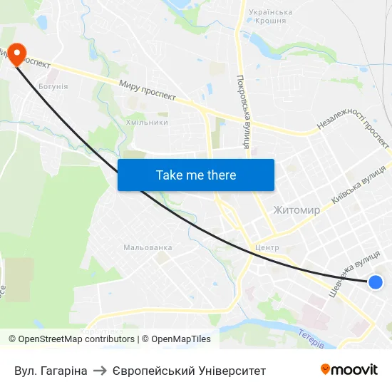 Вул. Гагаріна to Європейський Університет map