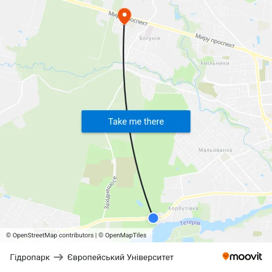 Гідропарк to Європейський Університет map