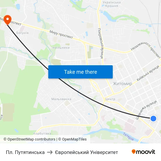 Пл. Путятинська to Європейський Університет map