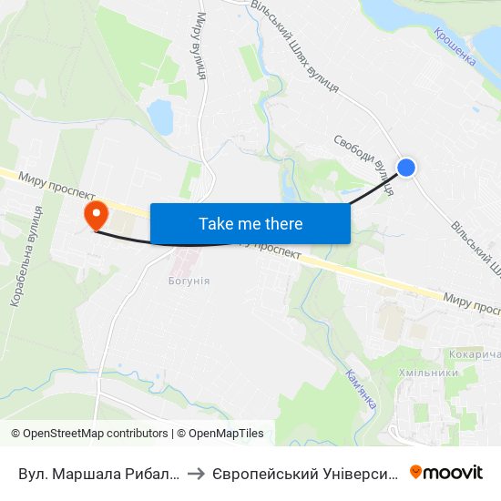 Вул. Маршала Рибалка to Європейський Університет map