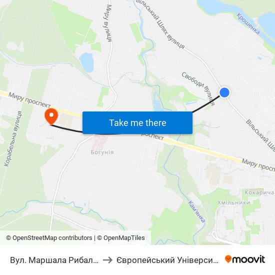 Вул. Маршала Рибалка to Європейський Університет map