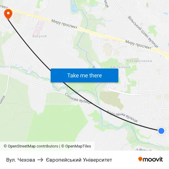Вул. Чехова to Європейський Університет map