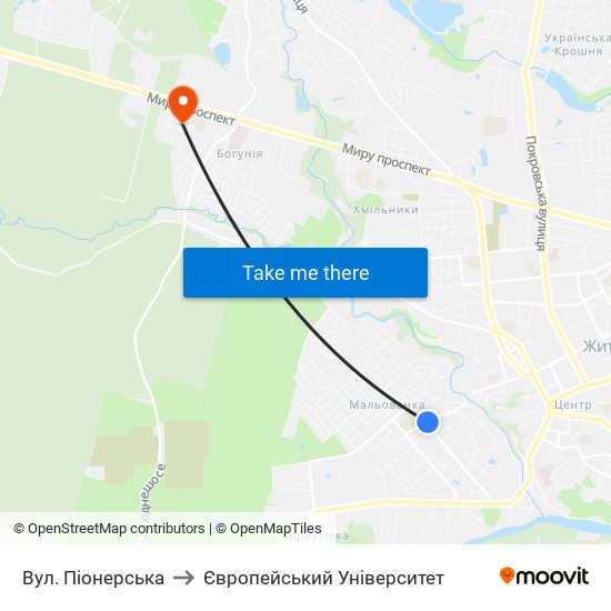 Вул. Піонерська to Європейський Університет map