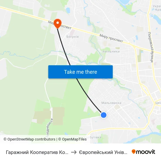 Гаражний Кооператив Корбутівка to Європейський Університет map